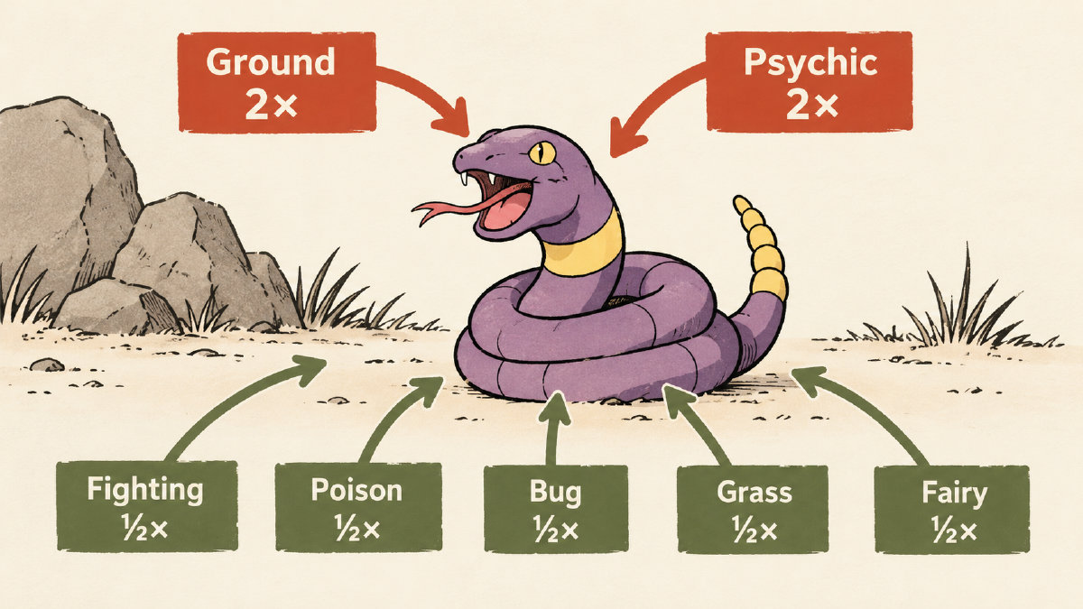 Ekans defensive matchup diagram showing Ground and Psychic weaknesses and five type resistances.