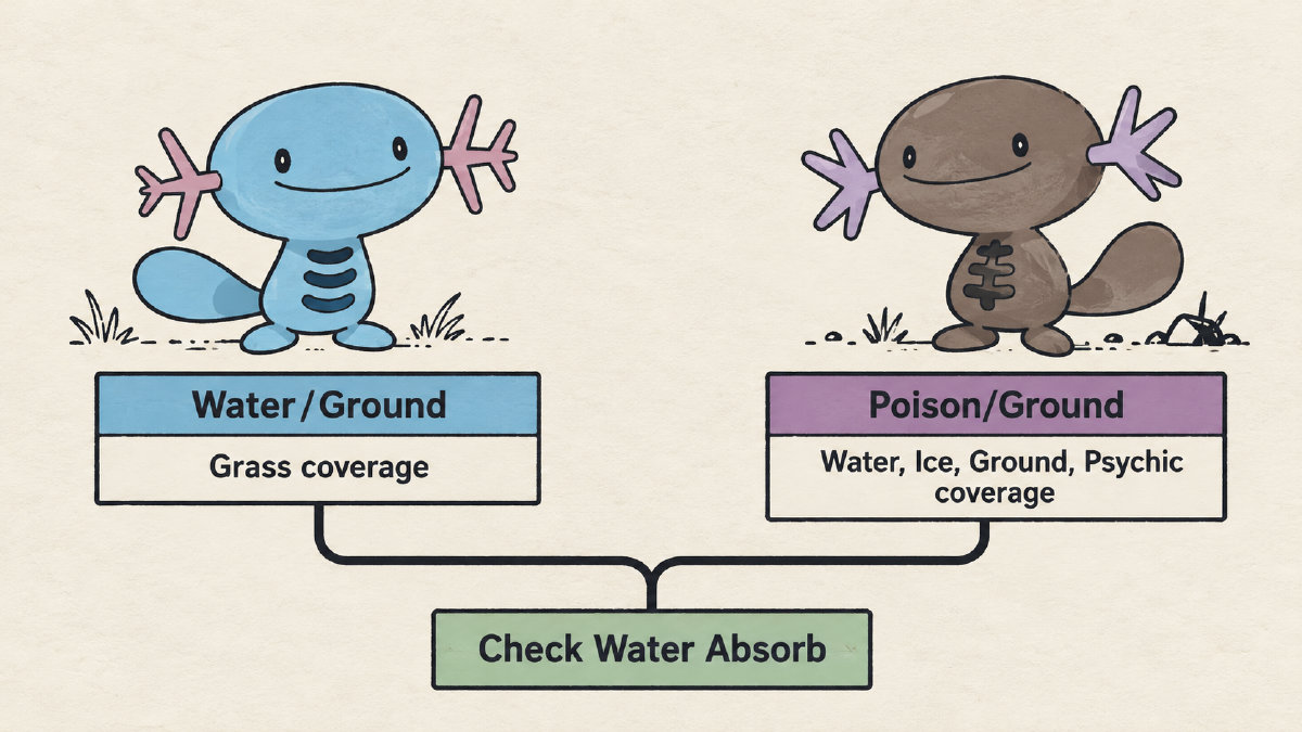 Comparison of standard and Paldean Wooper showing their types, weakness coverage priorities, and a shared Water Absorb reminder.
